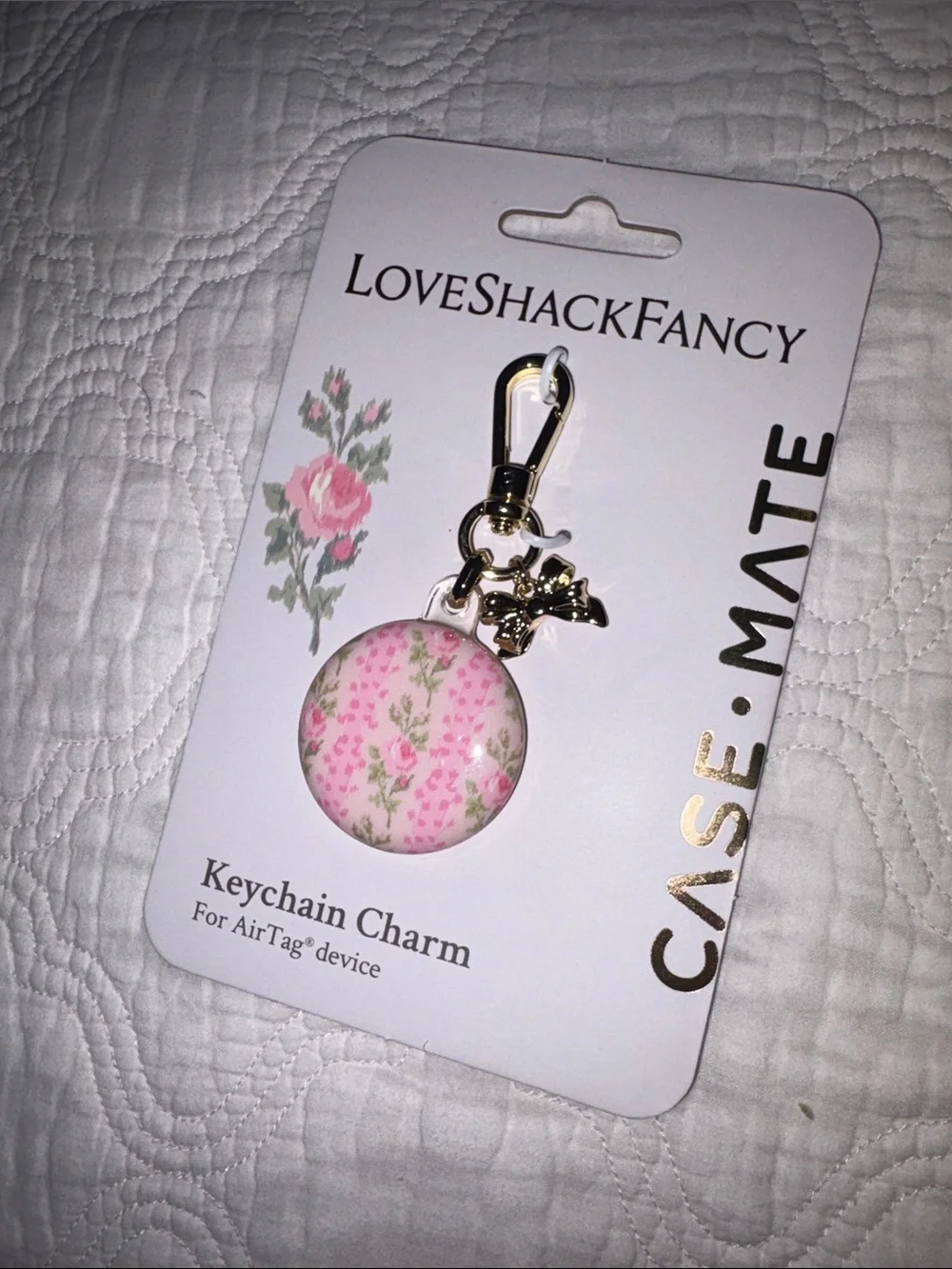 LoveShackFancy Pink Floral Keychain Charm with Gold Hardware